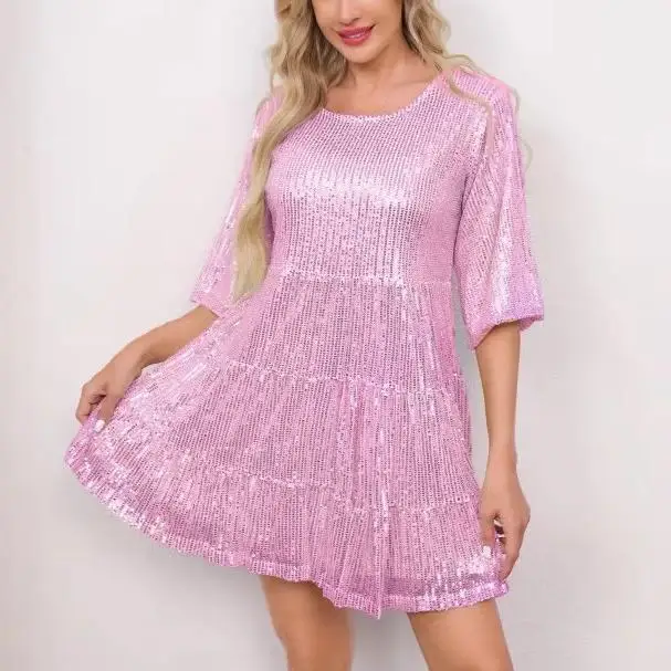 S-2XL Платье-туника с блестками и коротким рукавом