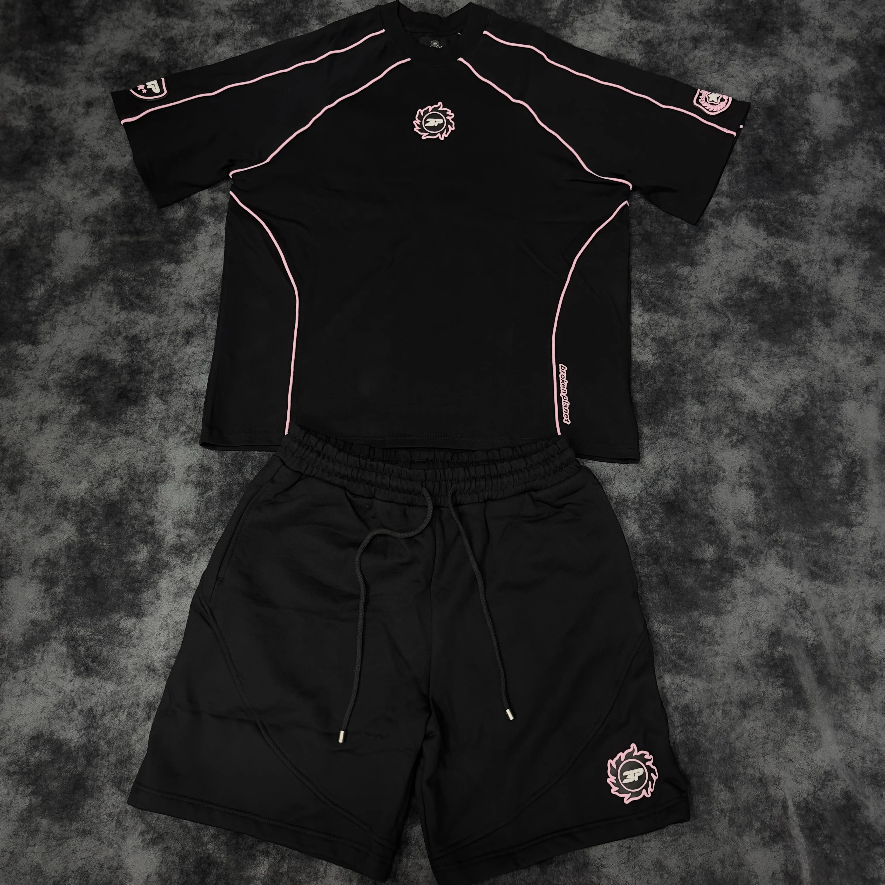 Yingling BP Puff Print Pink Pipping Jersey Shirt Oversize Cropped Boxy T Shirts Cotton Hip Hop Heavyweight Jersey Short Set