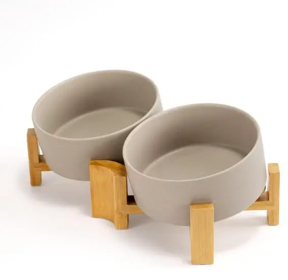 15 degrees Slanted Ceramic Dog and Cat Bowl with Wooden Stand Tilted Bulldog Food and Water Bowl No Slip Non-Spill for Cats Dog
