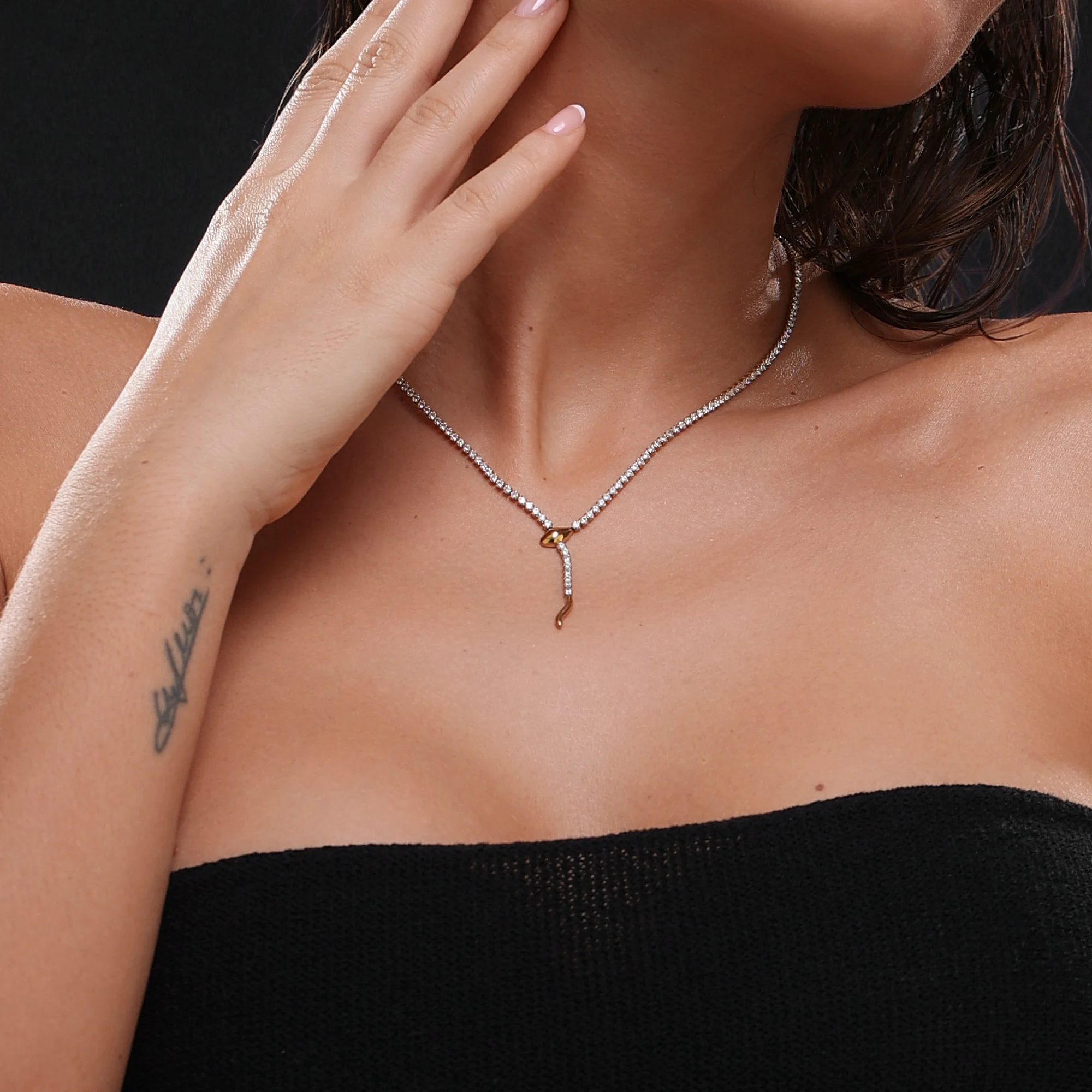 Dazan New 18k Gold Plated Stainless Steel Bohemia Unique High Quality Zircon Tennis Snake Dangle Necklace Luxury Women Jewelry