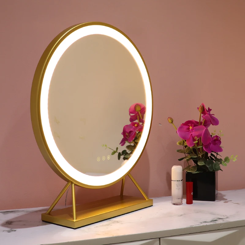 european style luxury gold tabletop led makeup mirror With iron frame and base
