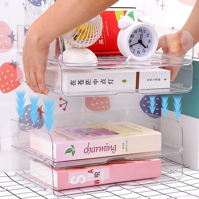 1 PCS Transparent Office Stackable Desk Organizer Desktop Storage Box File  Tray Display Book  Magazine Holder