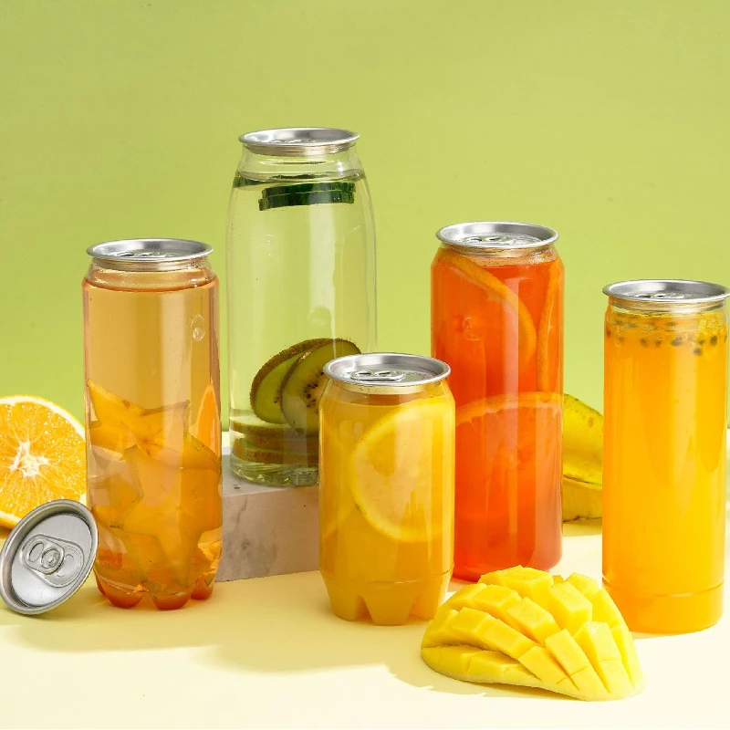wholesale empty clear Soft drink can 50g 250ml 330ml 450ml 500ml 4oz 8oz cold coffee Plastic Cans for Drink with Aluminium lid