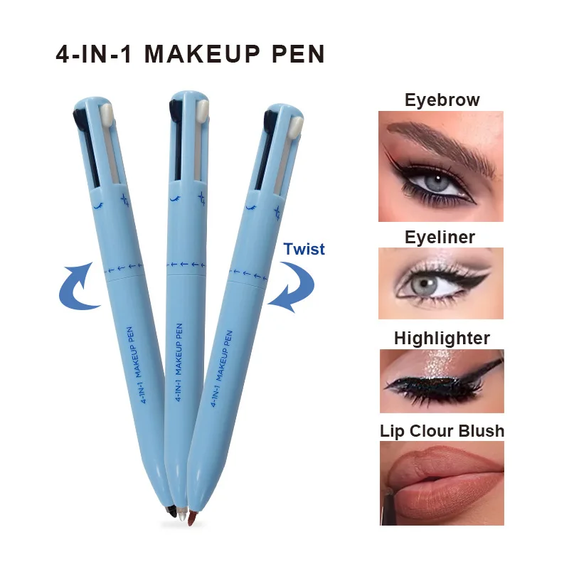 Custom Wholesale Private Label Creamy Vegan Waterproof Eyeliner Eyebrow Lipliner Highlighter 4-In-1 Makeup Beauty Pen