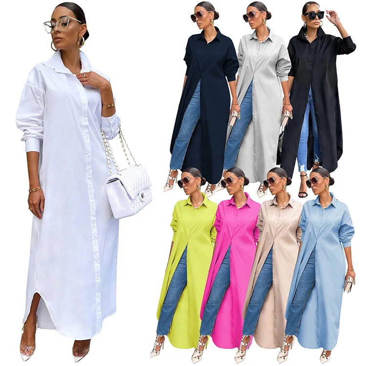 2022 Woman Clothes Casual Maxi Dresses Solid Color Long Cardigans Womens Long Shirt Ladies Blouses Shirts Dress