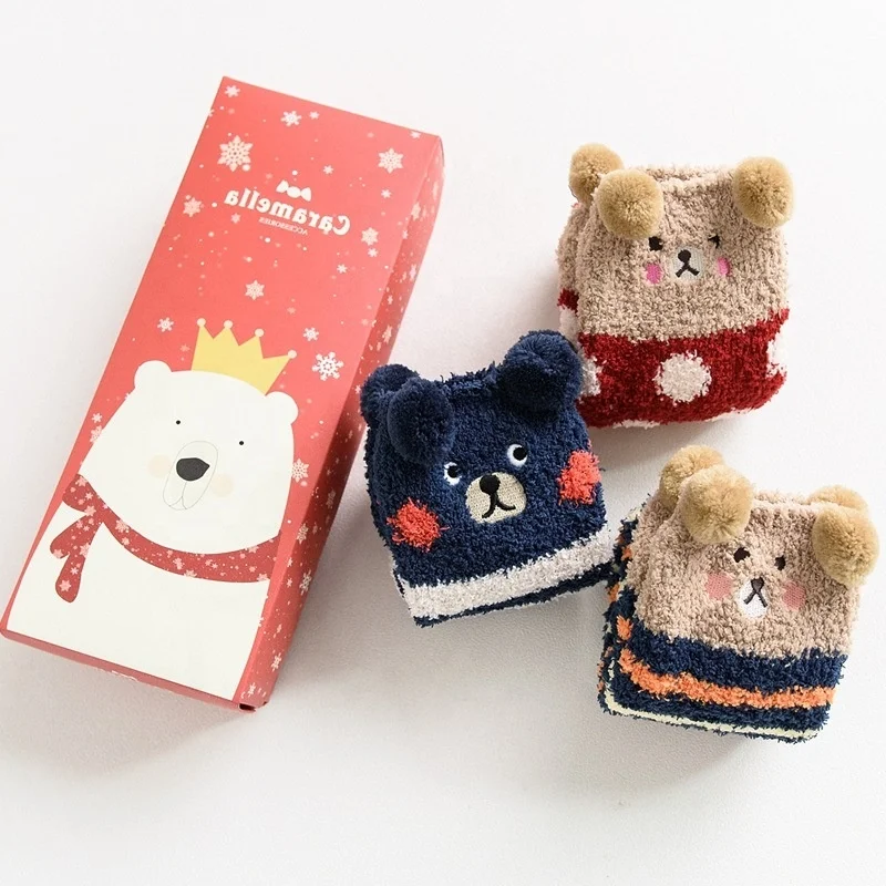 Детские Рождественские плюшевые толстые коралловые шерстяные носки для сна 3 пары подарок Детские теплые носки