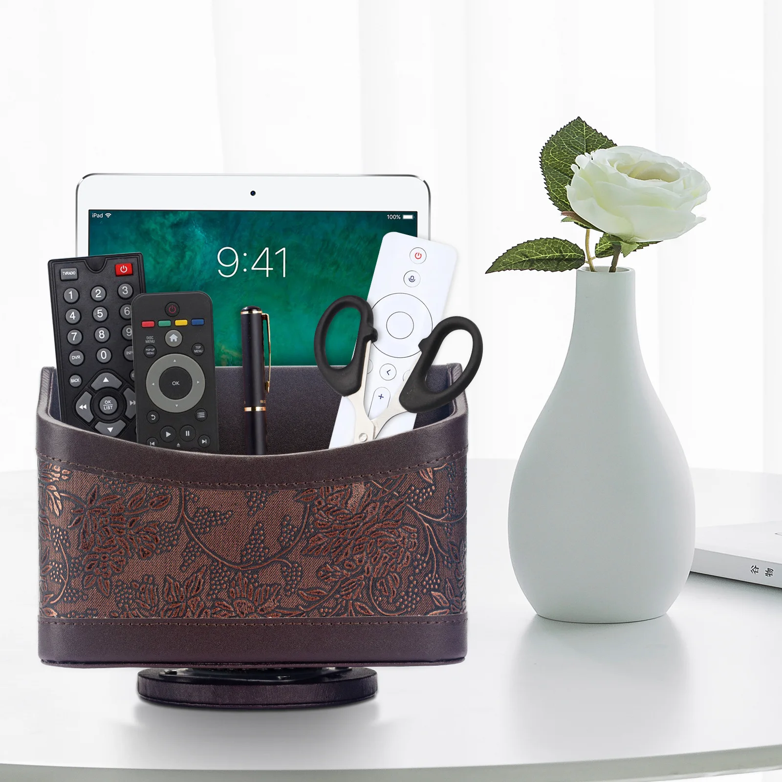 Custom PU Leather Desktop Organizer Box 360 Degrees Rotatable Hotel TV Remote Control Holder for Living Room Sundries Storage