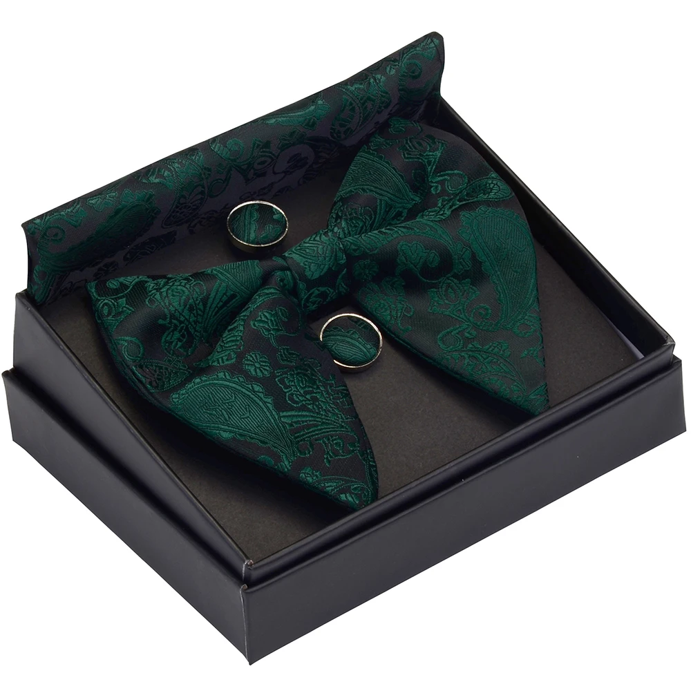 Fashion Silk Big Bowtie Handkerchief Cufflinks Set Bule Black Paisley Floral Jacquard Hanky Bow Ties for Men Business with Box