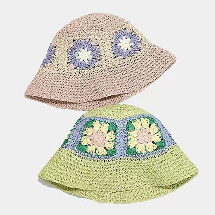 manufacture custom designer famous brand flower knitted small brim boho straw bucket hat mujer unisex colorful folding sun cap