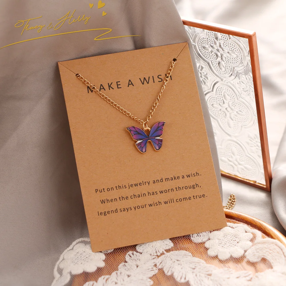Tracy & Herry Feather CLASSIC Jewelry Alloy Gold Plated Necklace Set Colorful Butterfly Pendant Necklace With Packaging Card