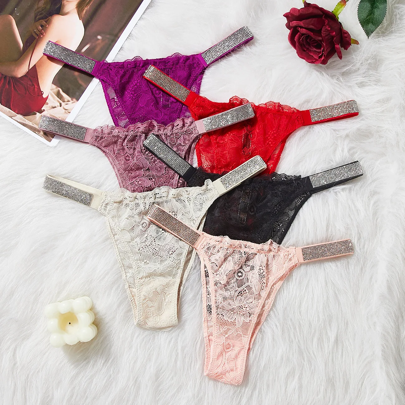 Wholesale half hip floral black lace panties sexy rhinestone exposed crotch bone stretch pure desire hollow ladies thong