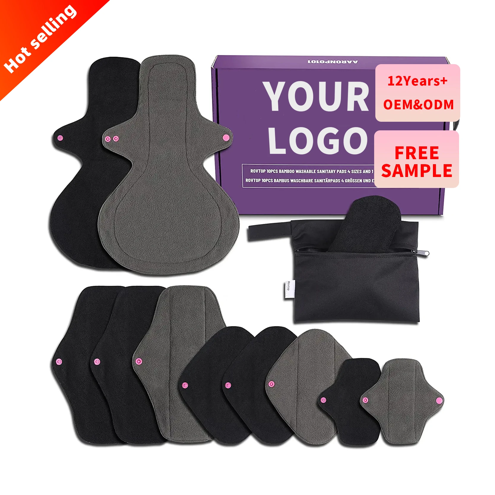 Hot Selling Pure Color Bamboo Charcoal Menstrual Pads Reusable Washable Organic Health Women Sanitary Pad With Private Label