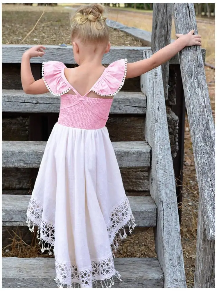 HaoBaby Explosion Models Ins Small Flying Sleeves Clothing For Kids Irregular Hollow Lace Fan Open Back Girl Dress