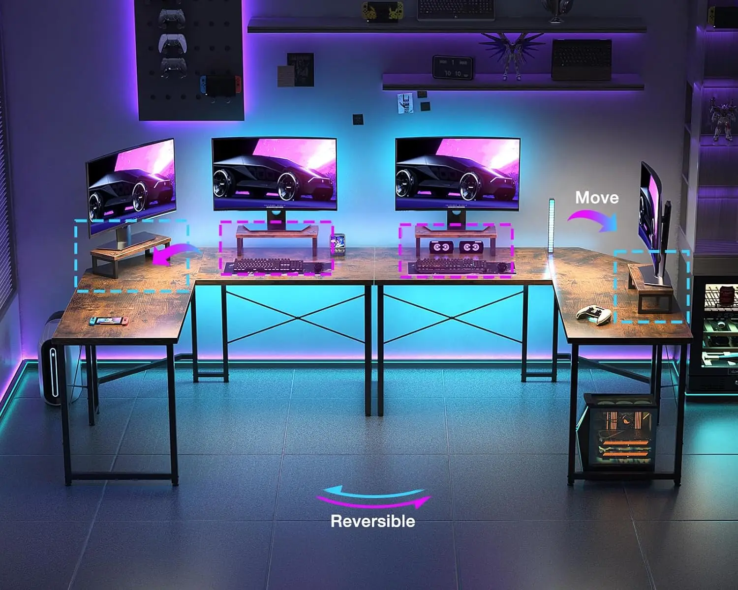 Combohome Custom Home Office Wood L Shaped Corner Gaming Computer Desk PC Table With Monitor Stand