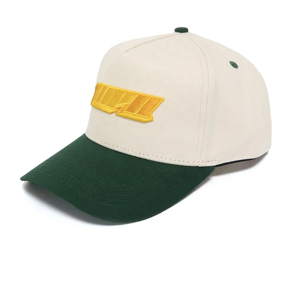 custom 100% cotton twill 5 panel 3d puff embroidered logo baseball cap a frame baseball caps cream and green hats