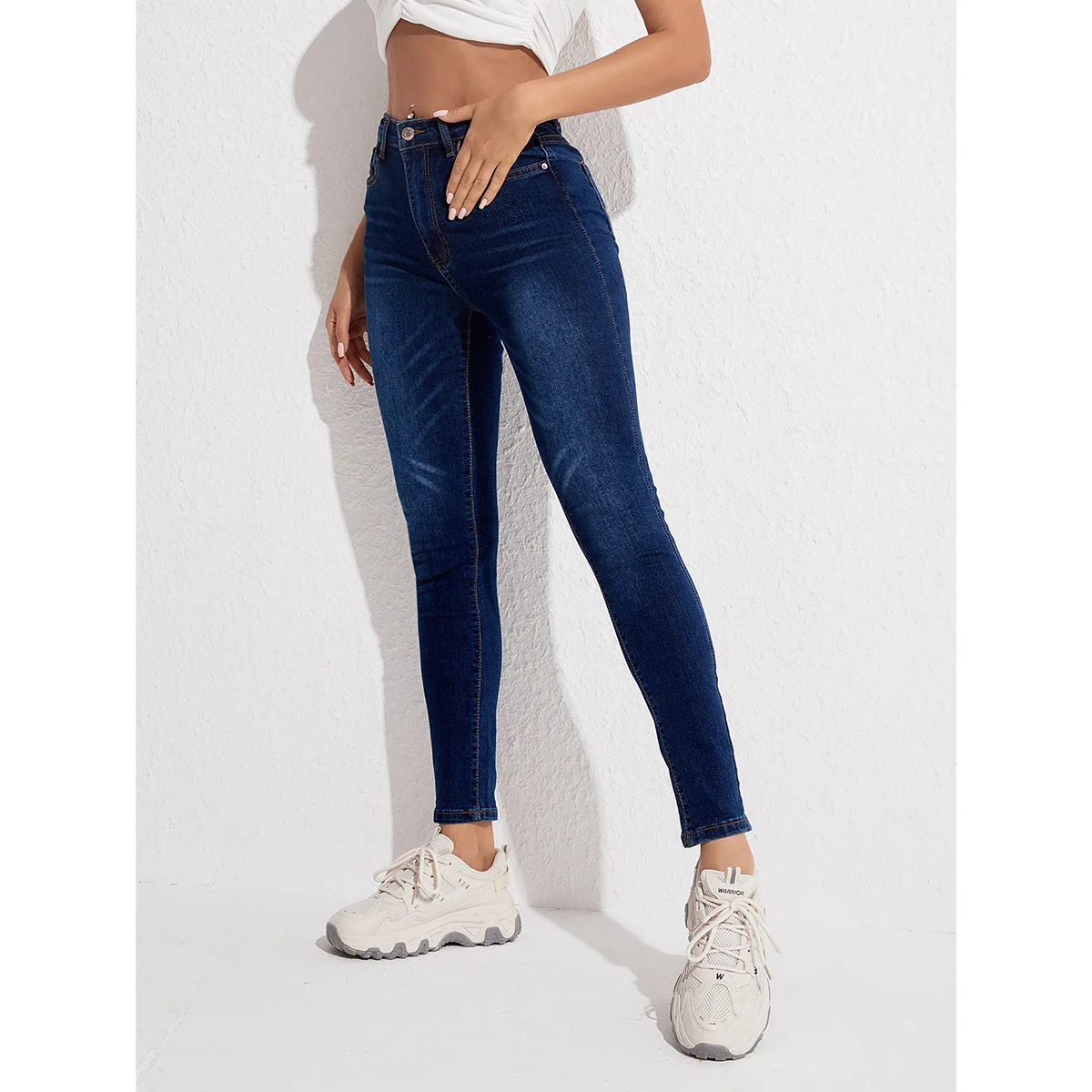 Hot Selling ladies Jeans Stretch Skinny Navy Blue Trousers Denim Fabric High Waist Women Jeans