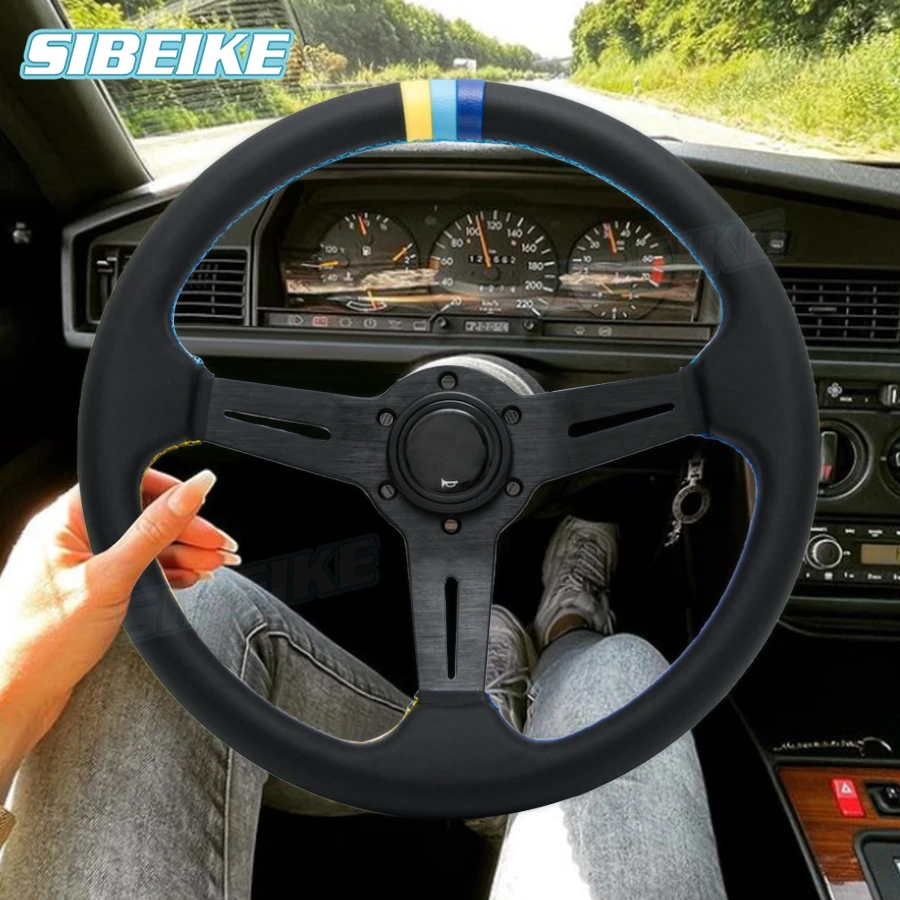 JDM Style Steering Wheels 6-Bolt Deep Dish Black Leather Racing Steering Wheel 350mm/14inch Customization