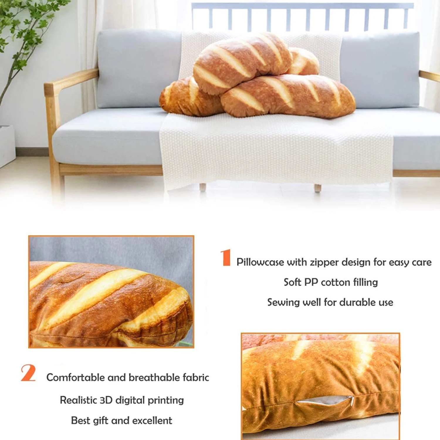 27 in 3D Simulation Bread Shape Pillow Soft Lumbar Baguette Back Cushion Funny Food Plush Stuffed Toy