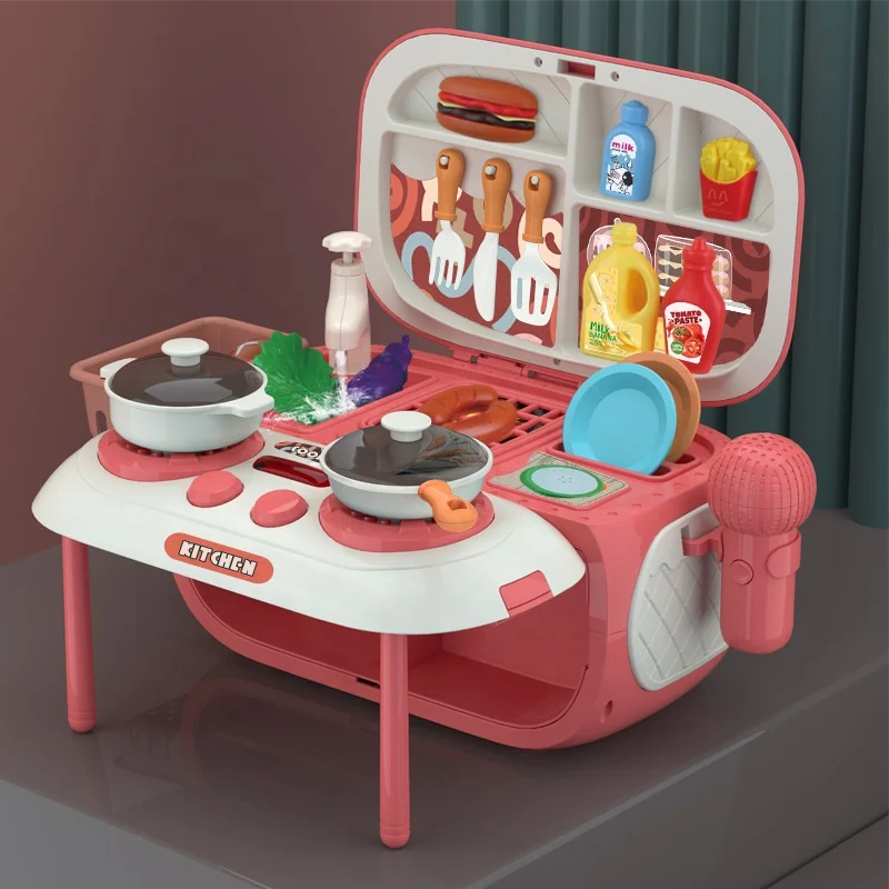 Multi-function 2 in 1 Karaoke Machine Stereo Microphone Mini Kids Pretend Play Kitchen Toys Cooking Set with Mobile