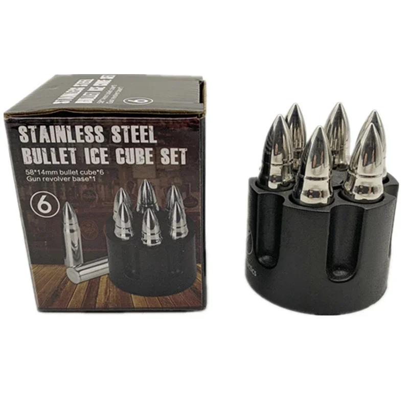 Silver/ Gold Stainless Steel Whiskey Stones Bullets Gift Set with Base, Set of 6 Large Bullet Shaped Reusable Metal Ice Cube