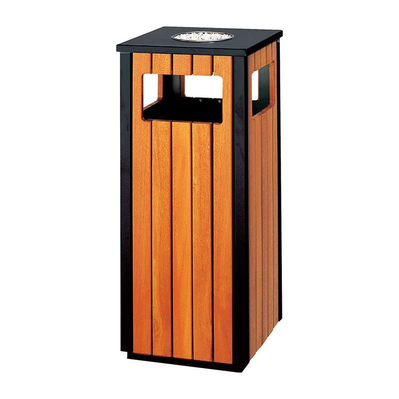 Public place wpc wood trash can round wooden bin with ashtray for park garbage bin