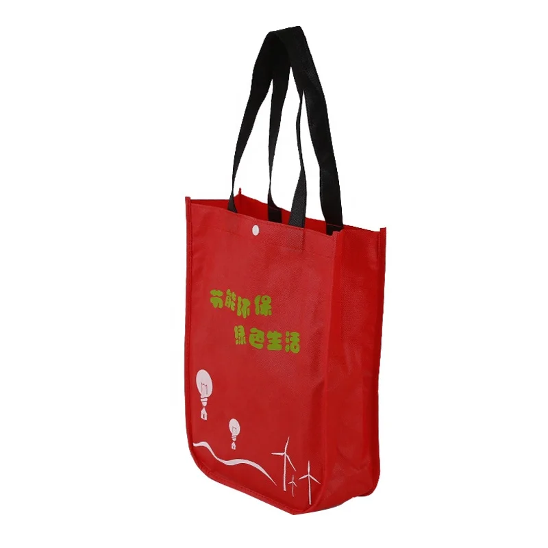 Durable round corner red non-woven promotional fabric tote bag with button closure