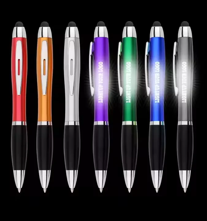 RICHSHINING Creative LED Light Laser Custom Logo Advertising Plastic Rotating Ballpoint Led pen Touch Stylus Stationery Gifts