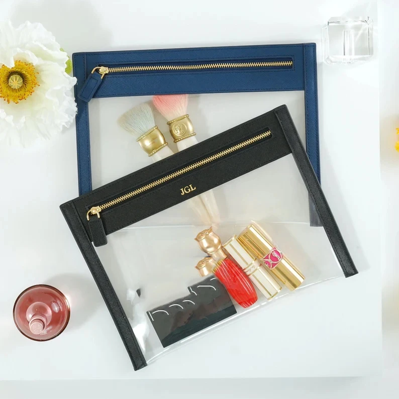 Monogrammed Genuine Leather Clear Travel Cosmetic Pouch Waterproof Flat Zipper Bag Travel Brush Organizer Make Up pouch