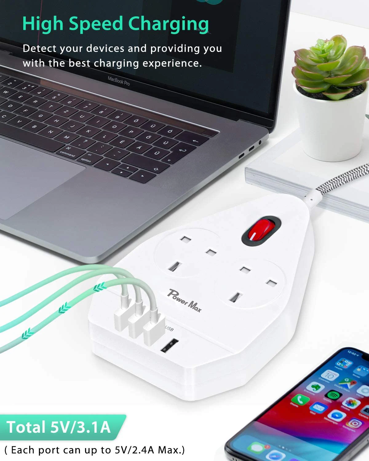 Extension Lead UK Pin Plug and Cable, 2 Gang Way 2m Power Adapter, Multi Socket Mains Strip White