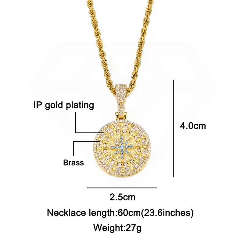 Hip Hop Bling Brass Iced Out Compass Pendant Gold Silver Color Cubic Zirconia Compass Pendant