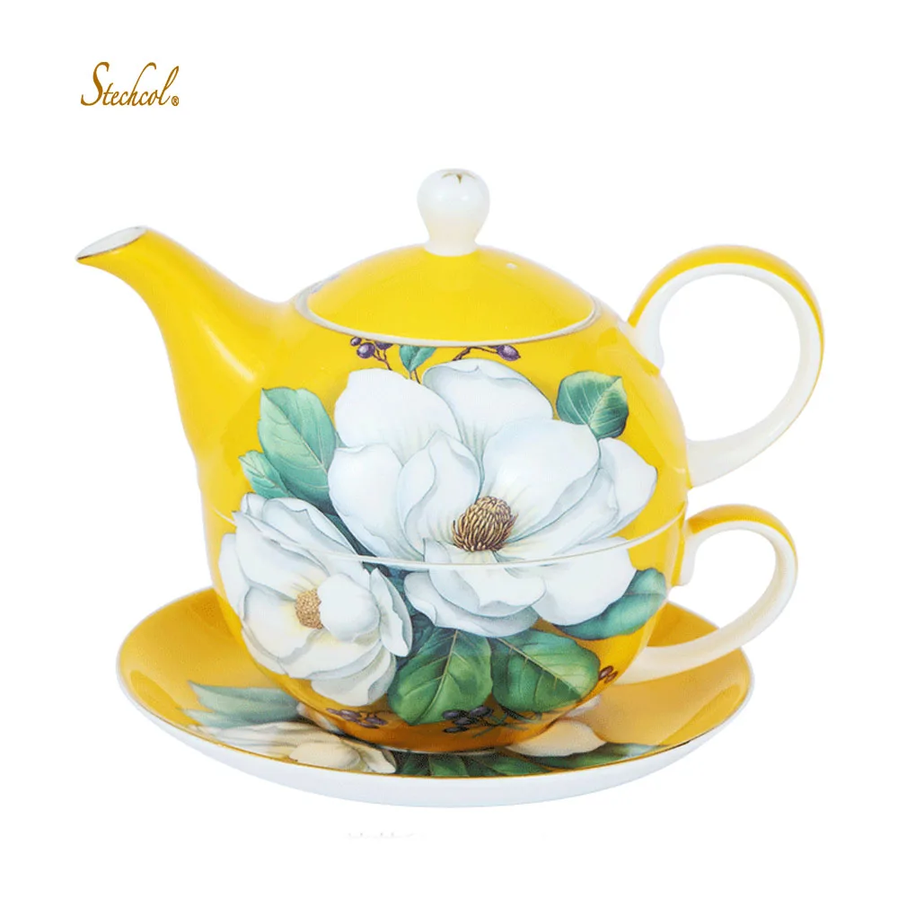 Stechcol Bone China Chinese Yellow Tea for One Set Ceramic Party Cup Little Girls Gift Teapot