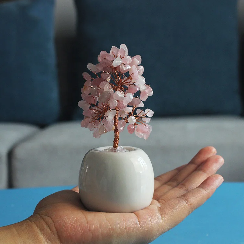 Rose Quartz Gemstone Healing Crystal Money Tree Copper Wire Wrapped on Natural Rose Quartz Base Ornament Feng Shui Luck Figurine