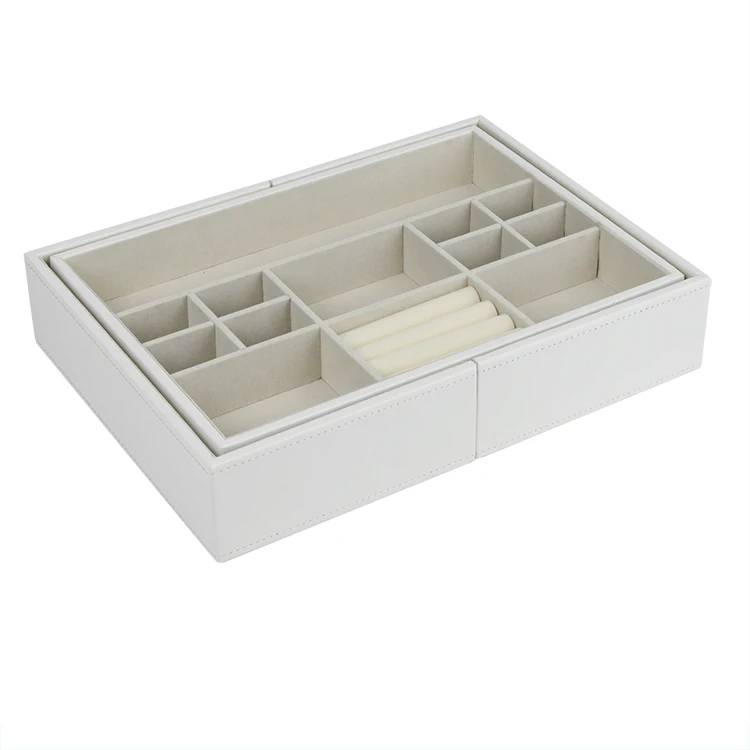 White Leather Jewelry Tray Display Without Cover with Pull-out Ends and Many Compartments