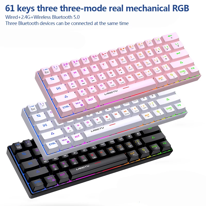 Клавиатура Механическая G1000 с разноцветными клавишами 61 клавиша RGB подсветка три режима работы механическая маленькая клавиатура и мышь для