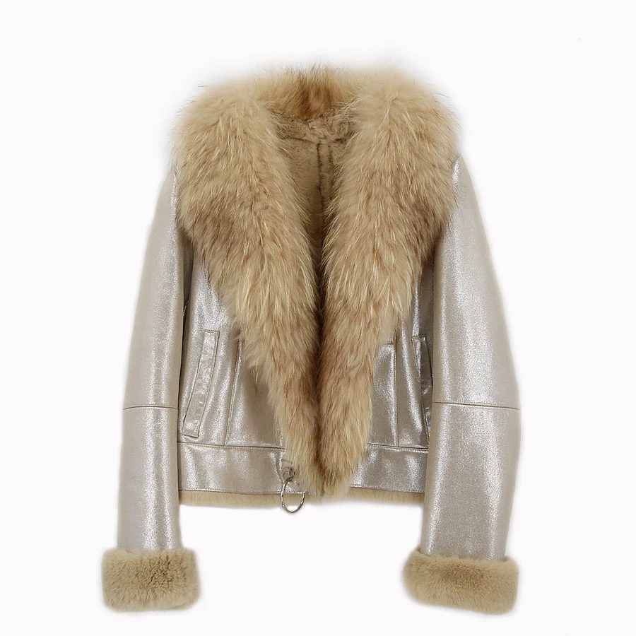QIUCHEN QC21095 Fashion Winter Fox Jacket Luxury Fluffy Rabbit Fur Lined Suede Racoon Fur Coat