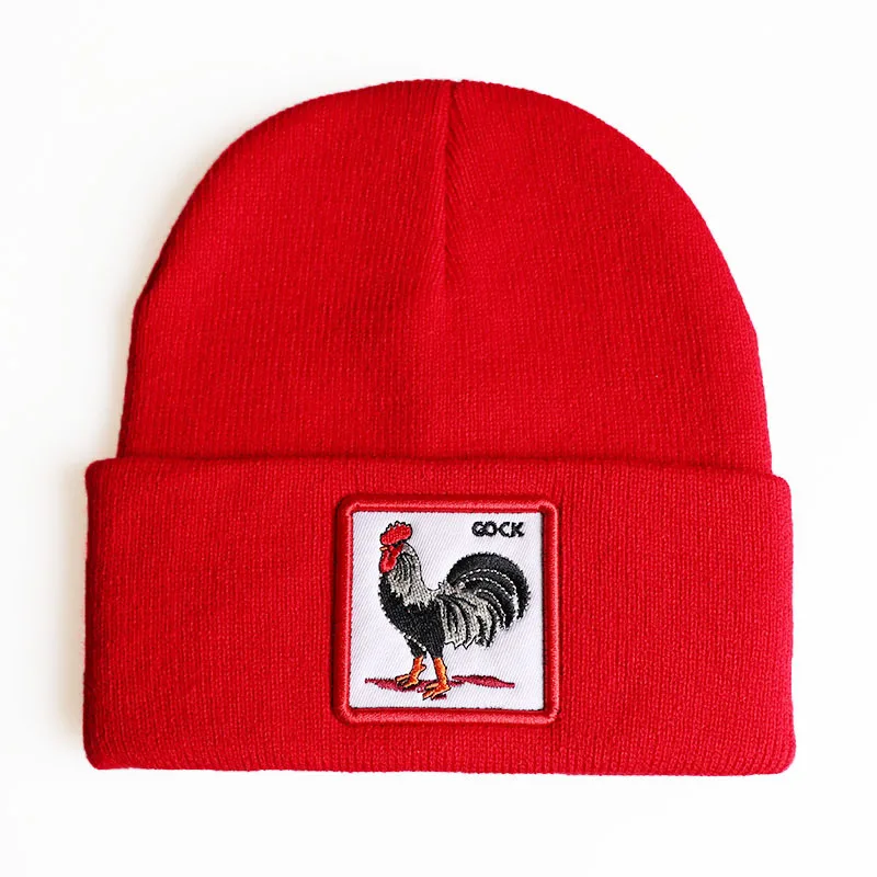 Popular Animal Rooster Embroidery Knitted Hat Deer Fox Wolf Elephant Tiger Shark Scorpion Sleeve Ski Cap Winter Cold Beanie