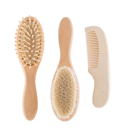 Natural Wooden Hair brush with Soft Goat Bristles Baby Hair Brush and Comb Set for Newborn
