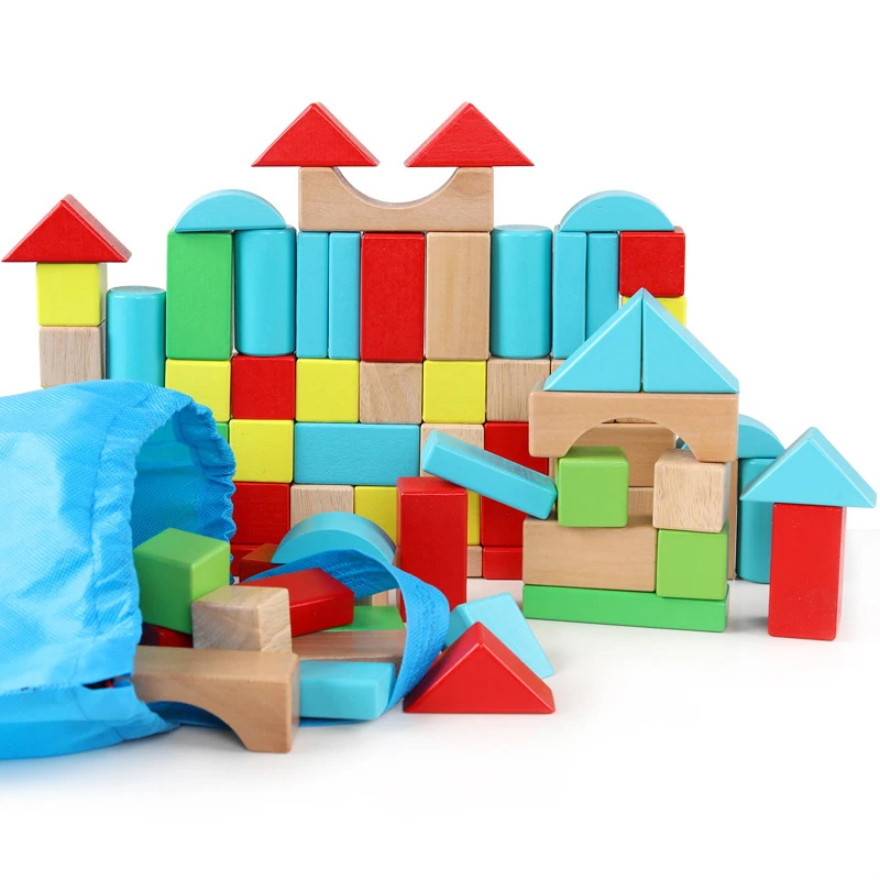 
2021 Best Creative Colorful Construction Geometric Assembling Stacking Toy 100pcs Rainbow Wooden Toy 