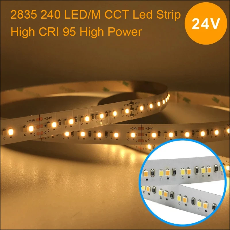 High Quality High CRI RA 95-97 smd 2835 2216 3014 24v 2700k-6500k 240leds/m stripe tape cct led strip light 240 leds 20W 24W