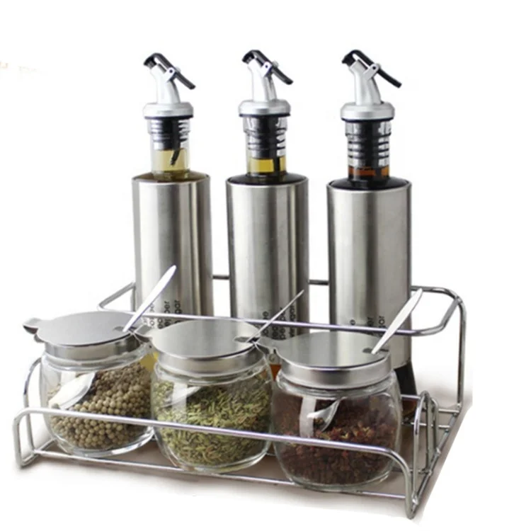 Stainless Steel Body Glass Olive Oil Vinegar Dispensers Bottle Cruet Small Salt and Pepper Shakers Set with Stand
