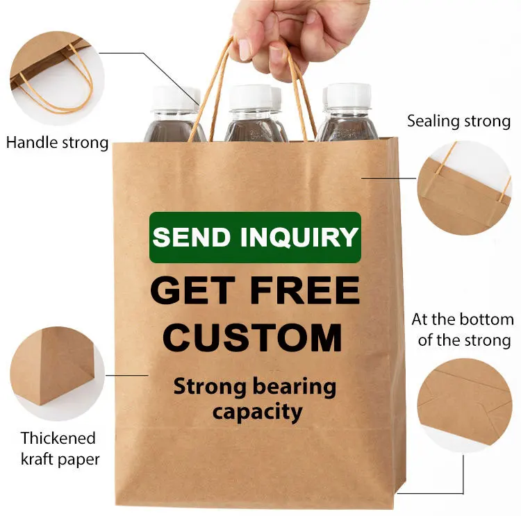 Takeout Die Cut Handle Kraft Paper Tote Bags Grocery Shopping D Cut Paper Bag For Restaurant Bakery, Food Takeaway Paper Bag