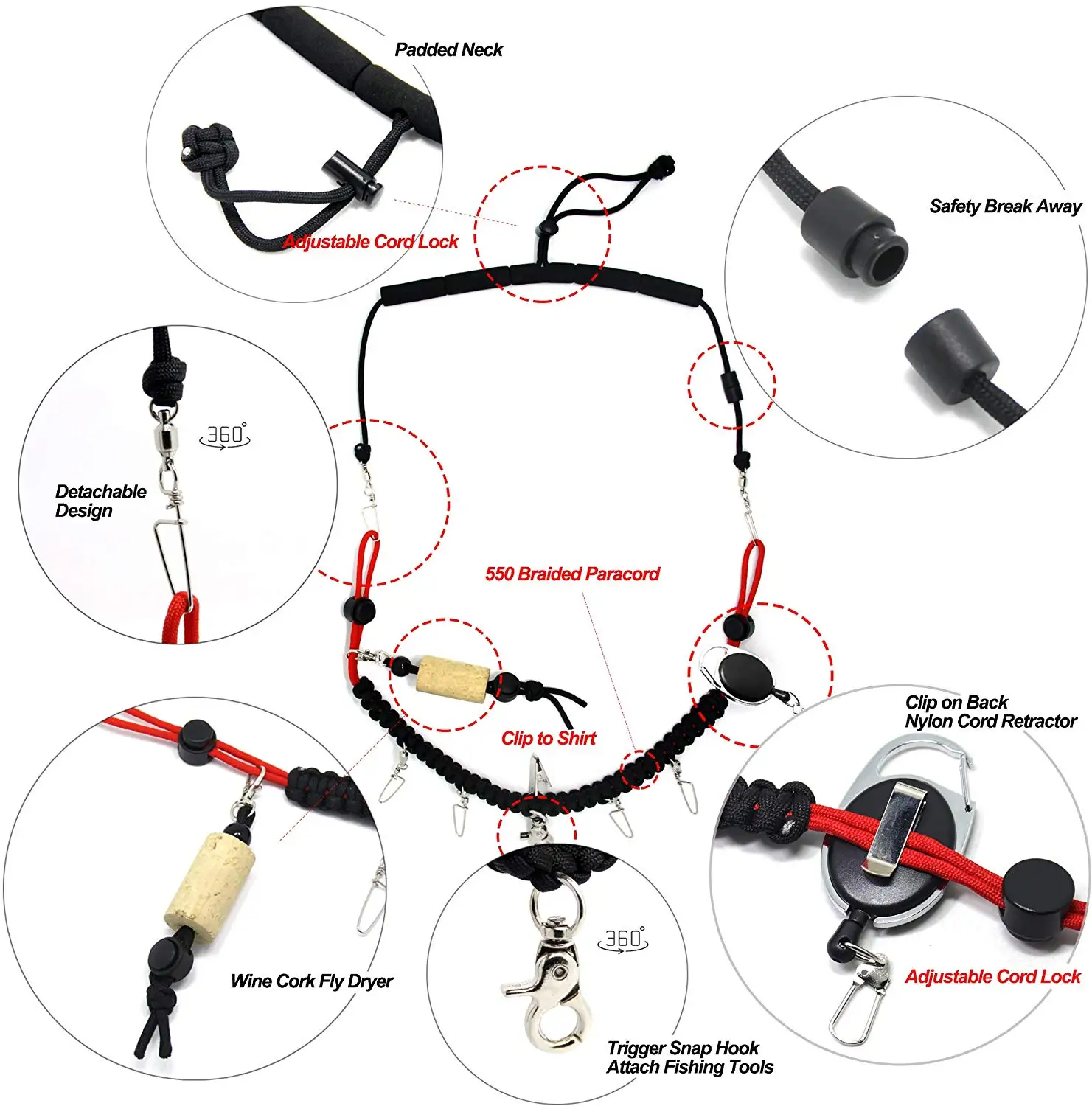 SAMSFX Fly Fishing Lanyard Braided Paracord Neckvest Strap