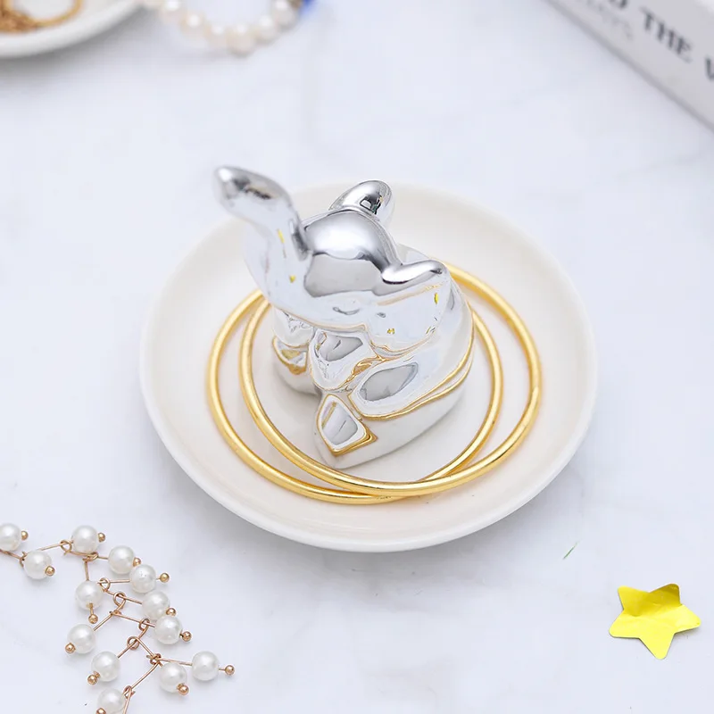 Lovely Elephant Dish Rose Gold Kitty Table Decor Stand Ring Holder Ceramic Jewelry Tray Trinket
