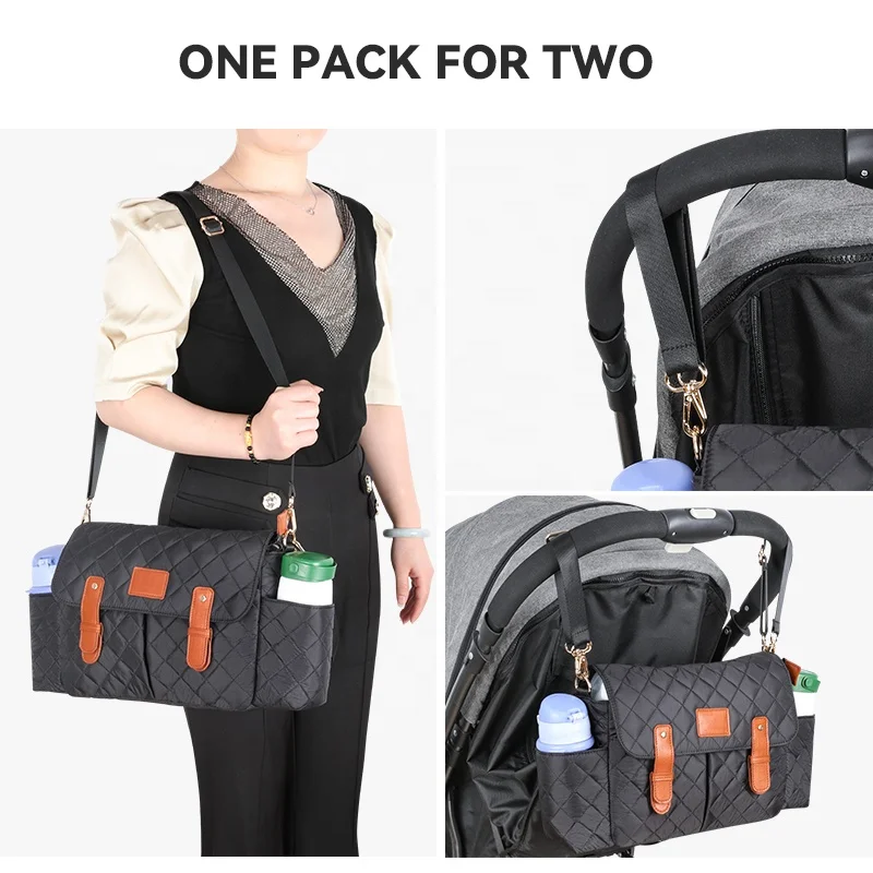 Custom Large Capacity Waterproof Travel Stroller Hanging Diaper Bag Quilted Baby Stroller Organizer with Cup Holder