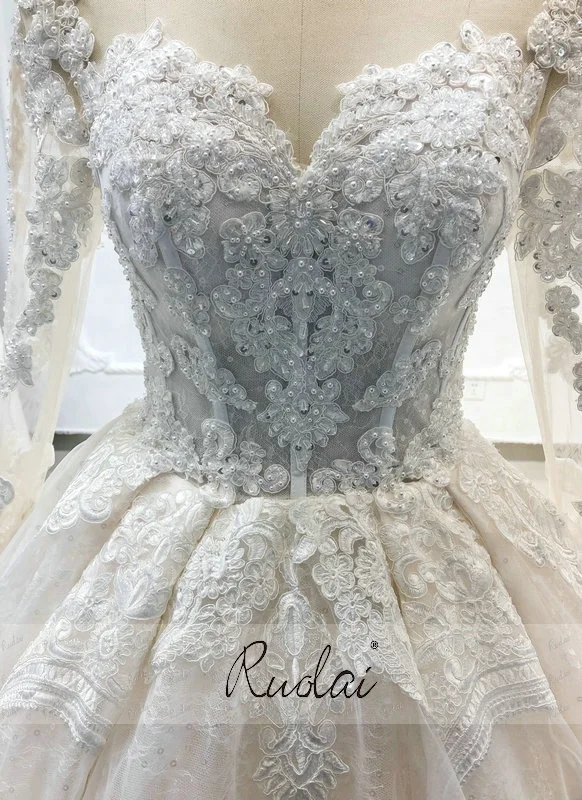 OWD-H2287 Elegant Scoop Neck Illusion Long Sleeves Pearls Bride Dress Appliqued Lace Wedding Dress