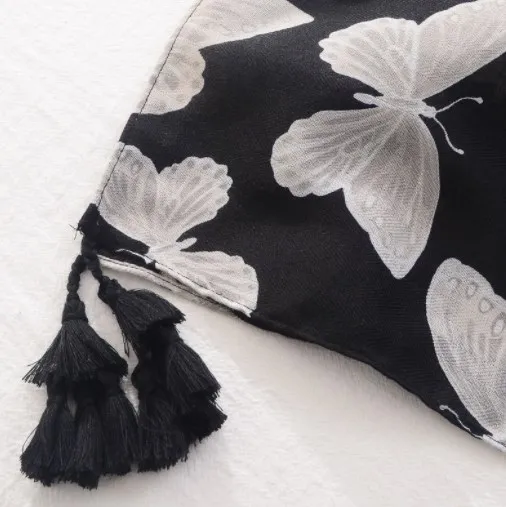 Custom Logo wholesale women long fashion white butterfly scarves polyester printed scarf with tassels