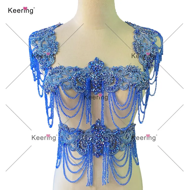 WDP-289-1 Keering Crystal Beaded Tassels Shoulder Patches Bodice Rhinestone Applique Chain For Women Dresses