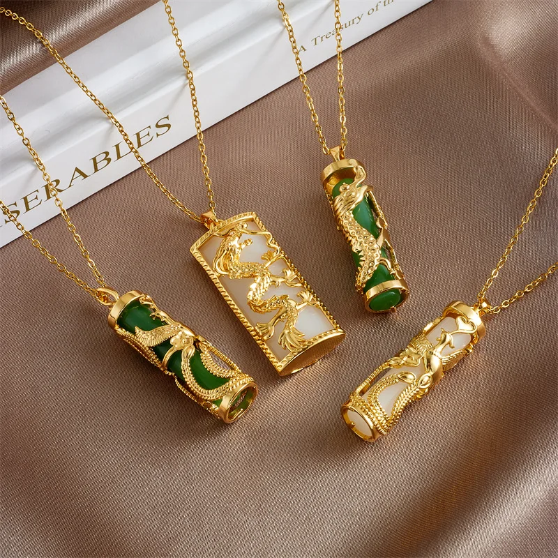 18k Gold Plated Jewelry Retro Chinese Loong Dragon Phoenix Column Pendant Necklace Stone Agate Green Jade Necklace