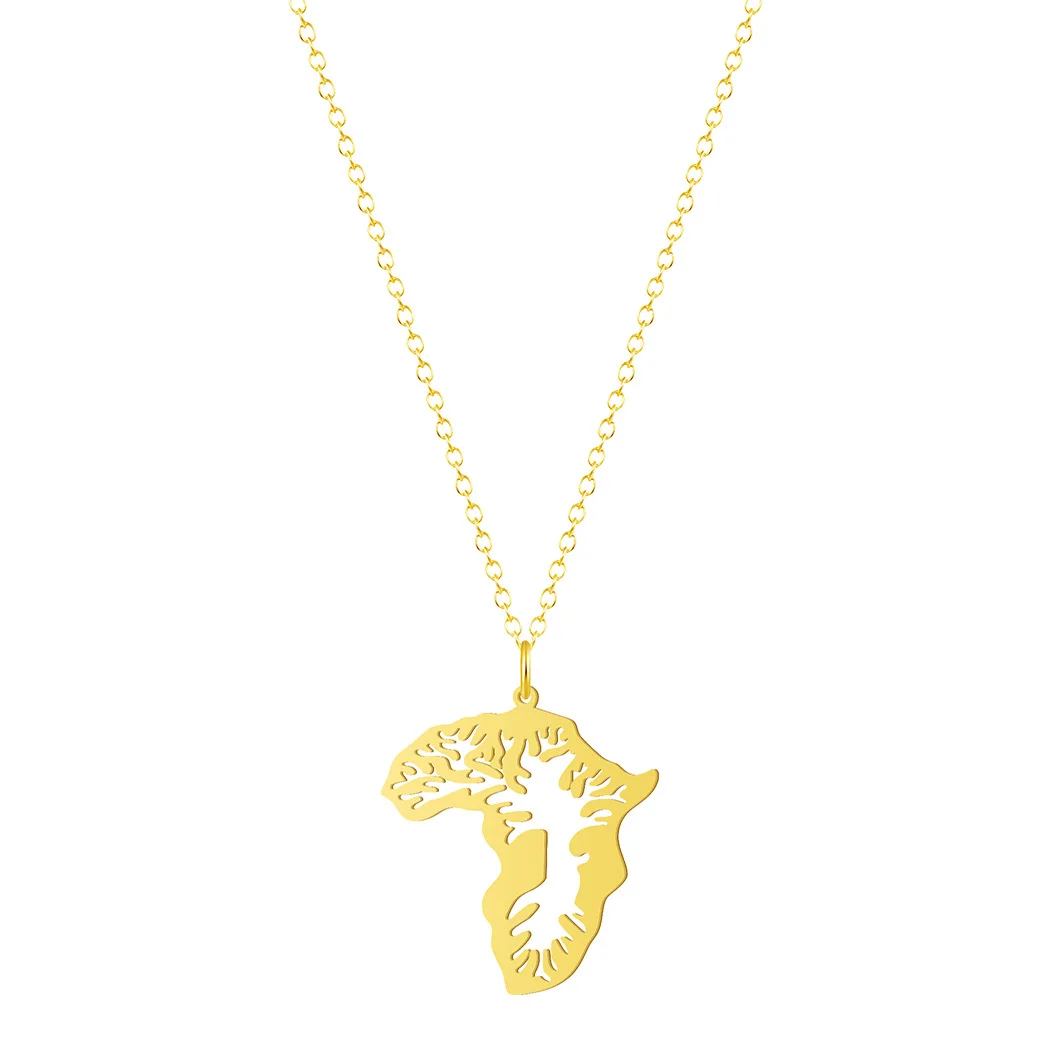 American Map Of Africa Life Tree 18K Stainless Steel Initial Pendant Necklace Hollow Irregular Leaf Necklace