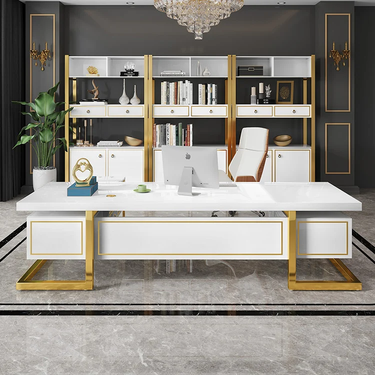 light Luxury Baking Paint Home Office Computer Desk High Tech White Black Study Room Desk Withe Side Cabinet Executive Table